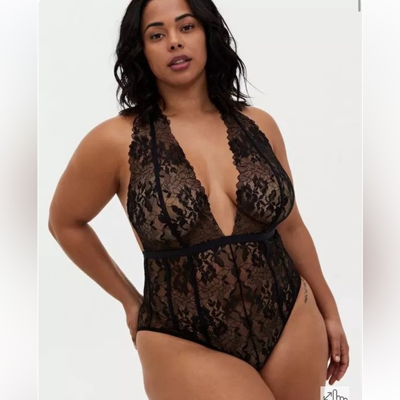 Torrid Curve Black Chantilly Lace Strappy Halter Bodysuit Lingerie 2X Coquette - Picture 1 of 9